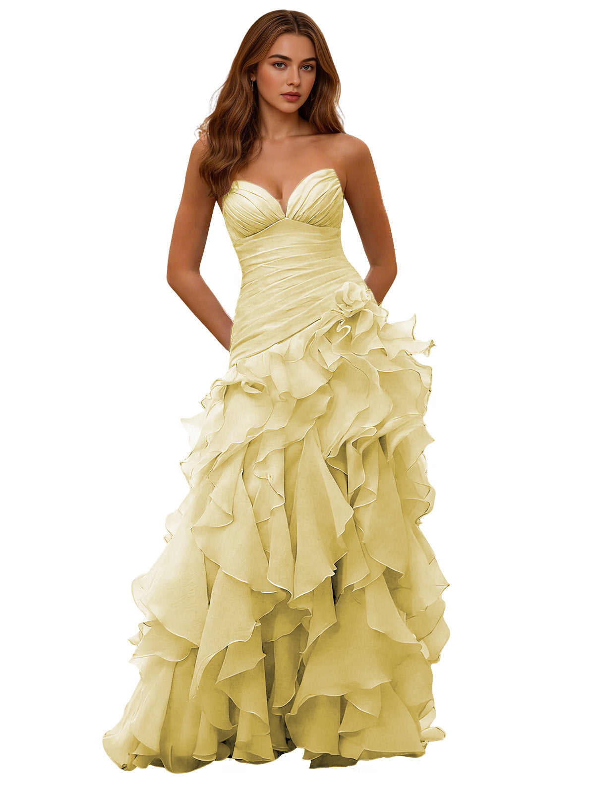Strapless organza ruffle ball gown prom dress in light yellow, draped corset bodice