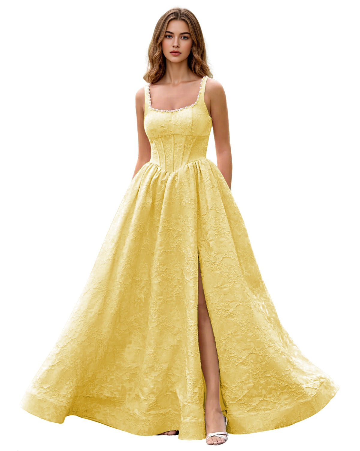 Square-neck jacquard ball gown prom dress in pale yellow, wide straps, side slit