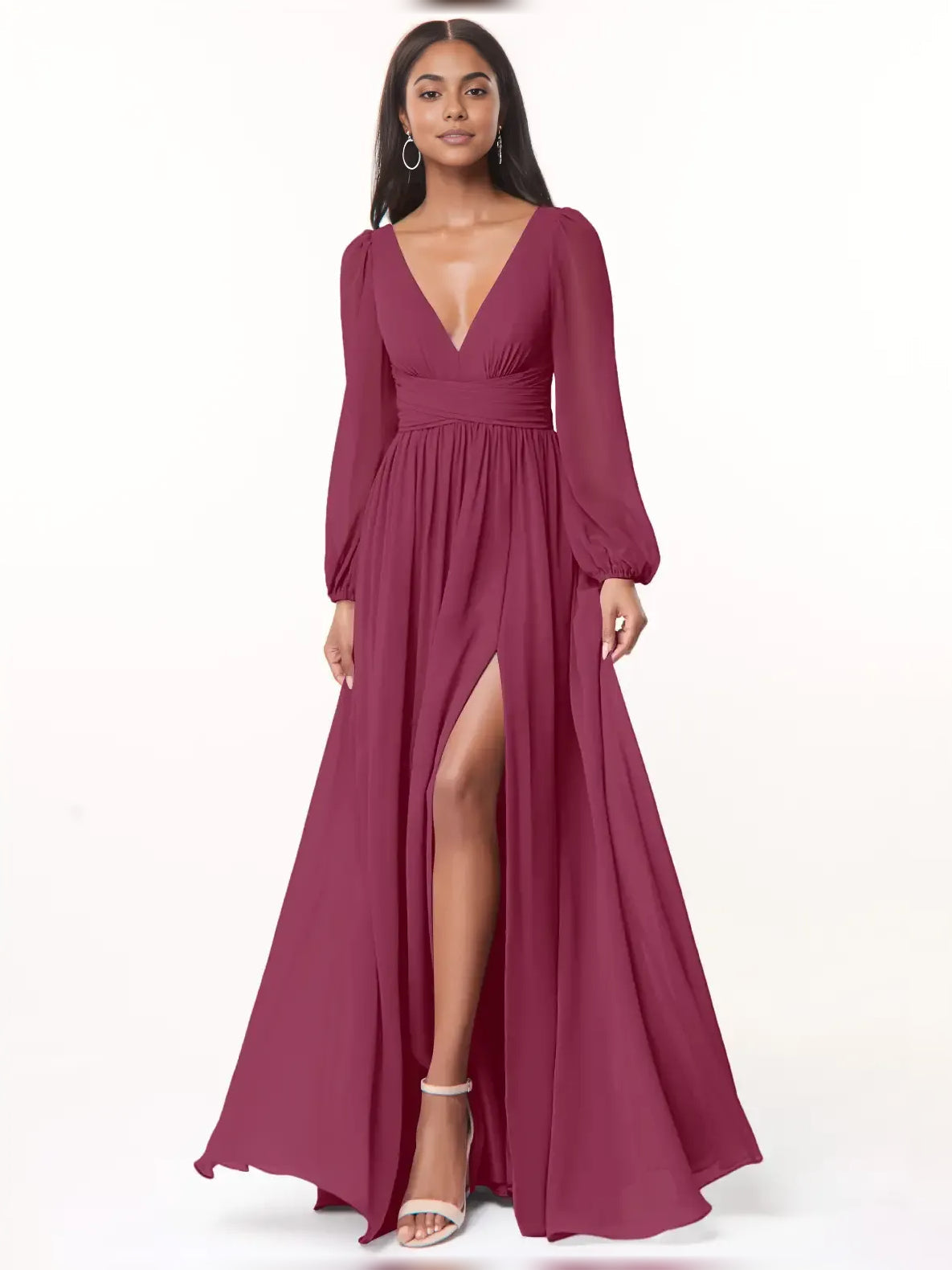 Mulberry slit A-line bridesmaid dress with plunging V-neck and long sleeves