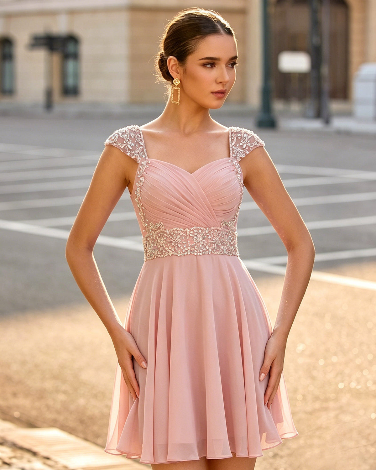 Peach sweetheart ruched chiffon homecoming dress with beaded cap sleeves