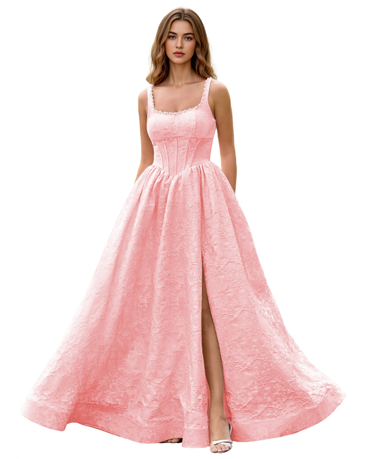 Square-neck jacquard ball gown prom dress in blush pink, wide straps, side slit
