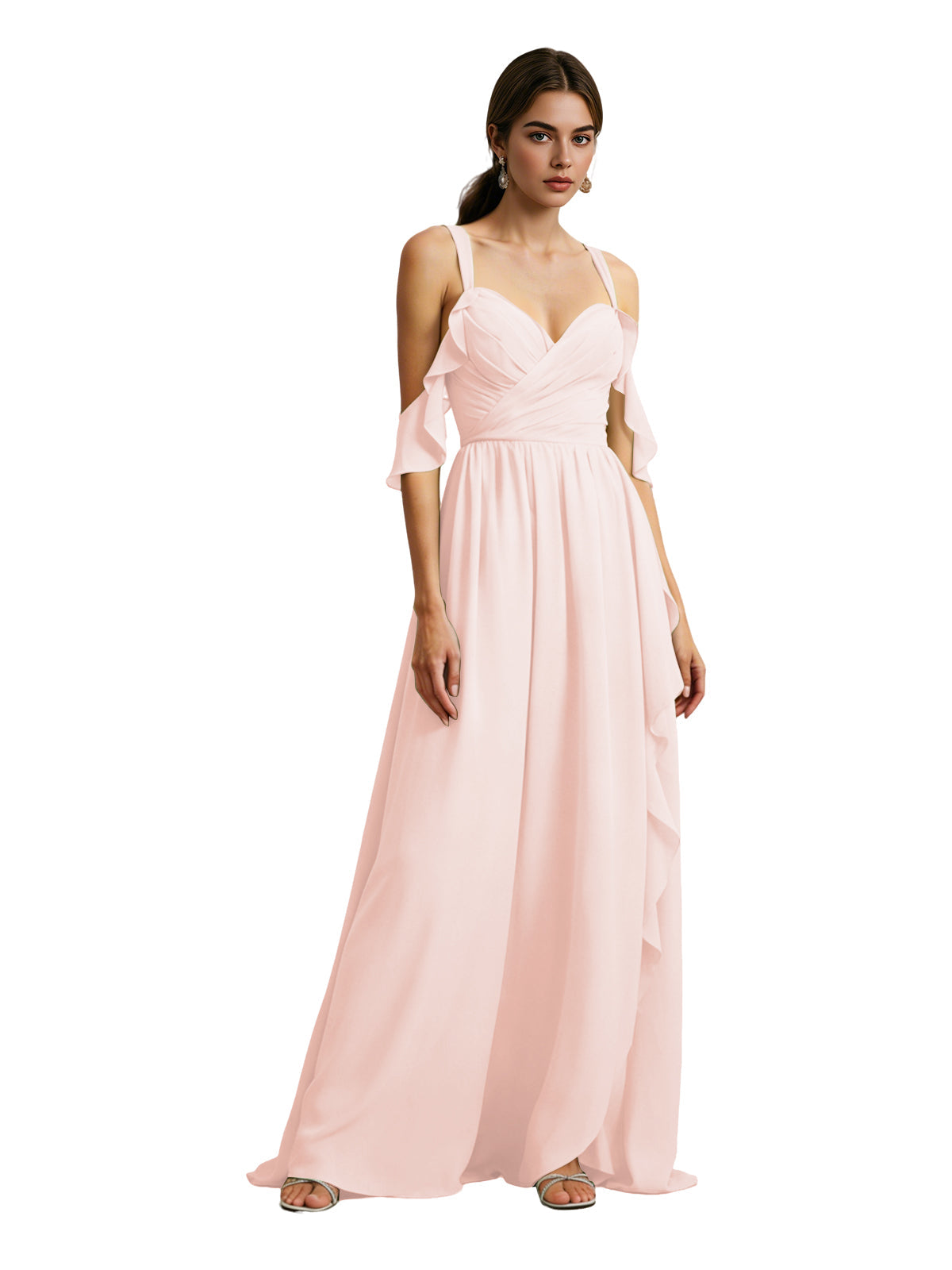 Cold-shoulder chiffon dress in blush pink, draped V-neck bodice, maxi skirt