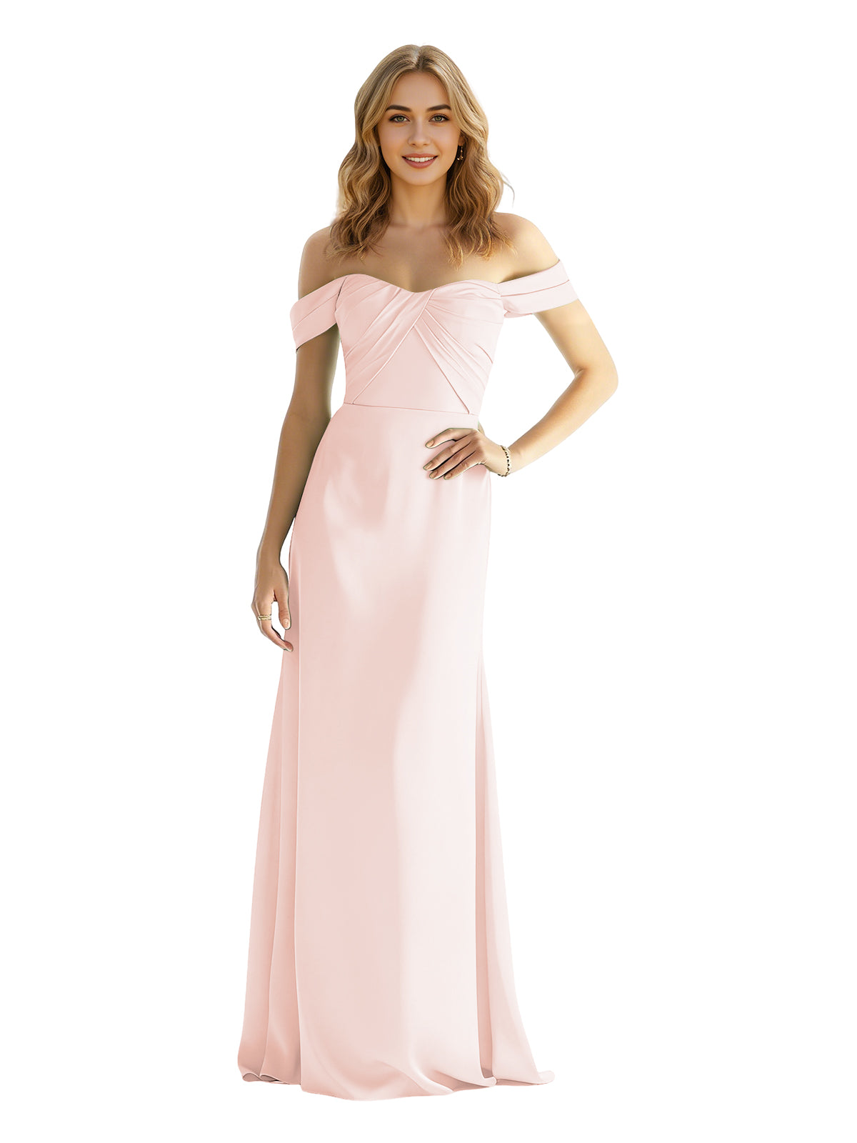 Blush pink satin off-shoulder sweetheart bridesmaid dress with wrapped bodice, floor length
