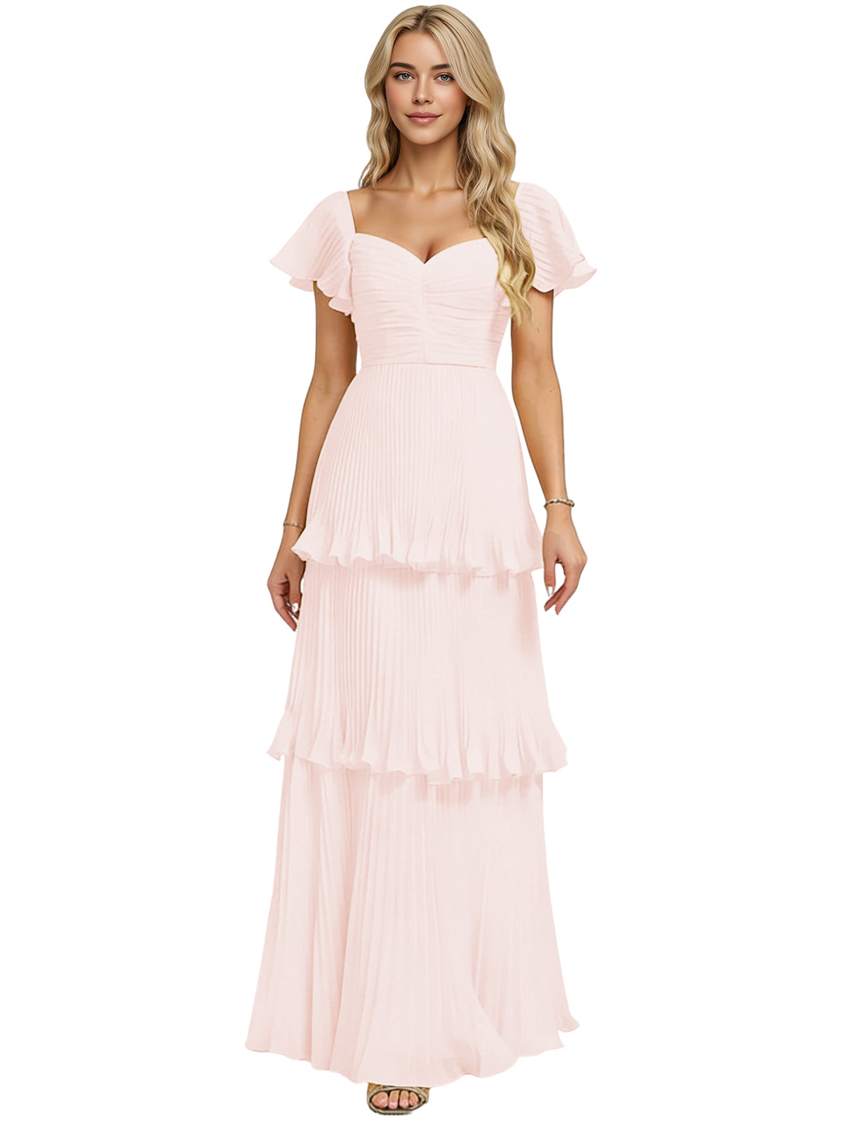 Light pink tiered ruffle chiffon bridesmaid dress with sweetheart neckline and flutter sleeves