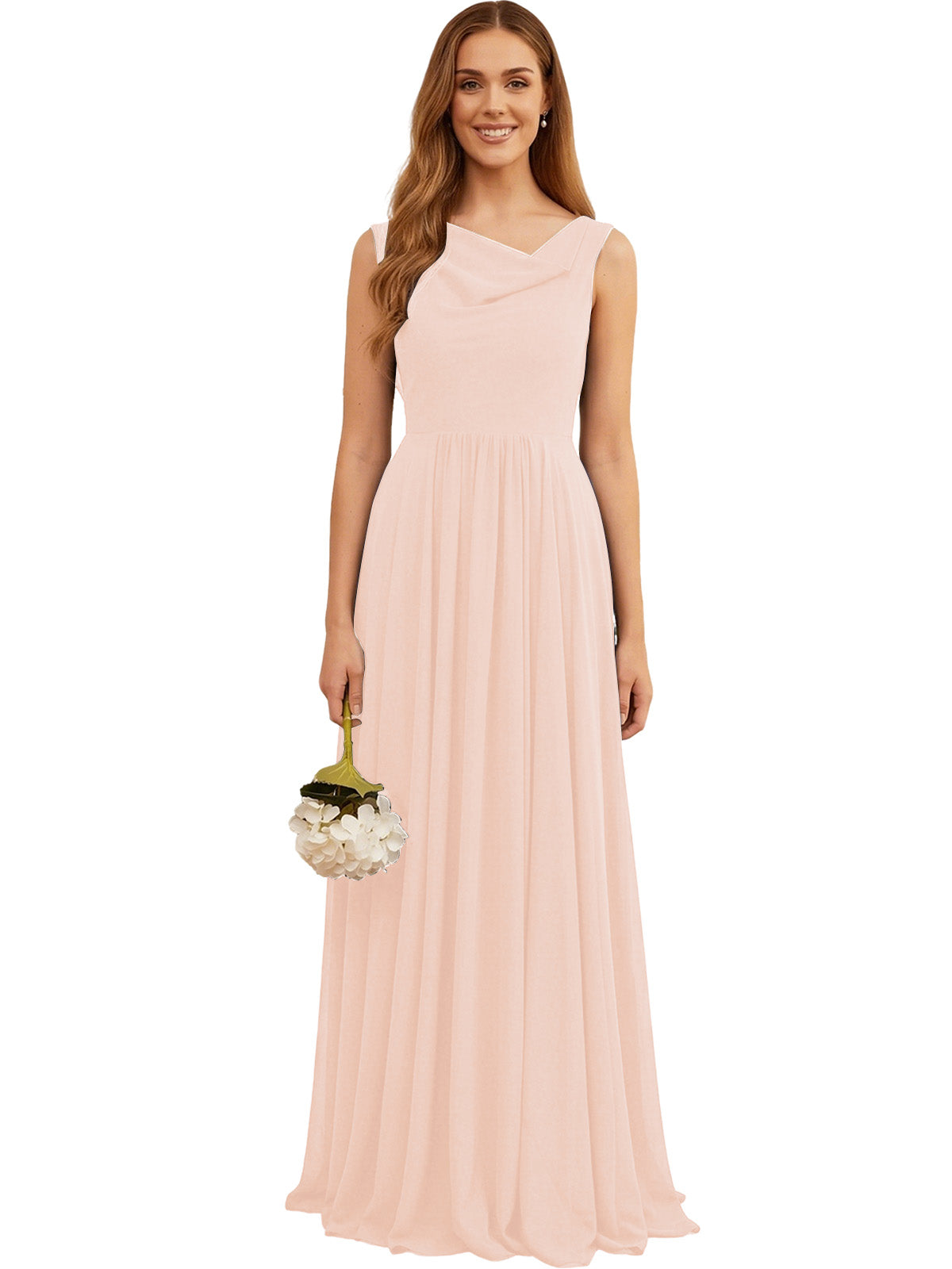 Light pink chiffon bridesmaid dress with V-neck sleeveless bodice and pleated skirt
