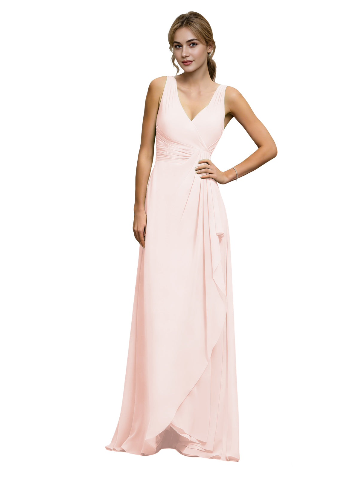 Blush pink chiffon bridesmaid dress with halter V-neck and draped sash waist