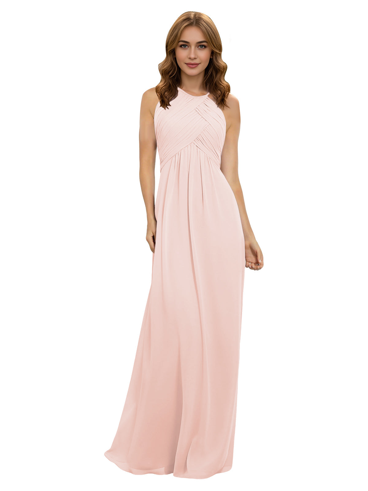 Light pink halter chiffon bridesmaid dress with twisted bodice and flowing maxi skirt
