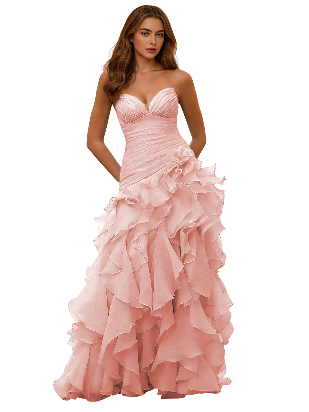 Strapless organza ruffle ball gown prom dress in soft pink, layered ruffle skirt