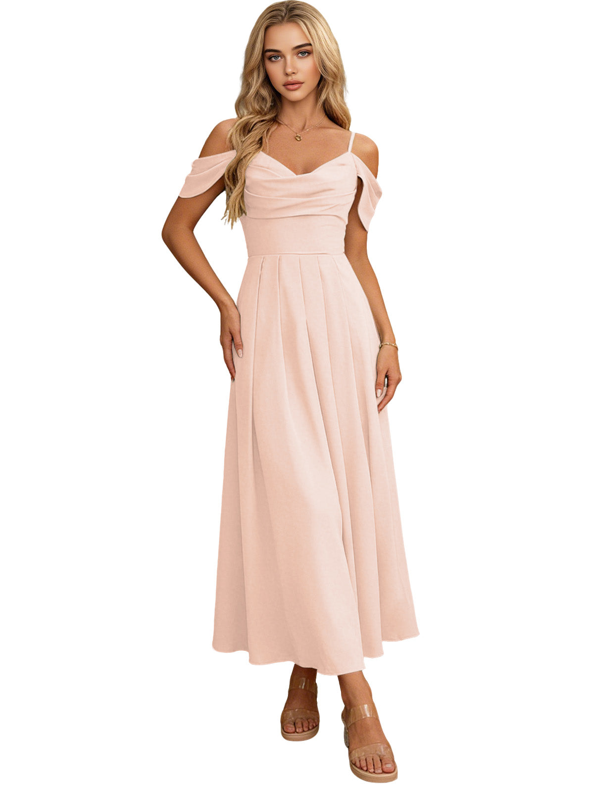 Blush pink off-shoulder midi bridesmaid dress with pleated bodice and flowing skirt