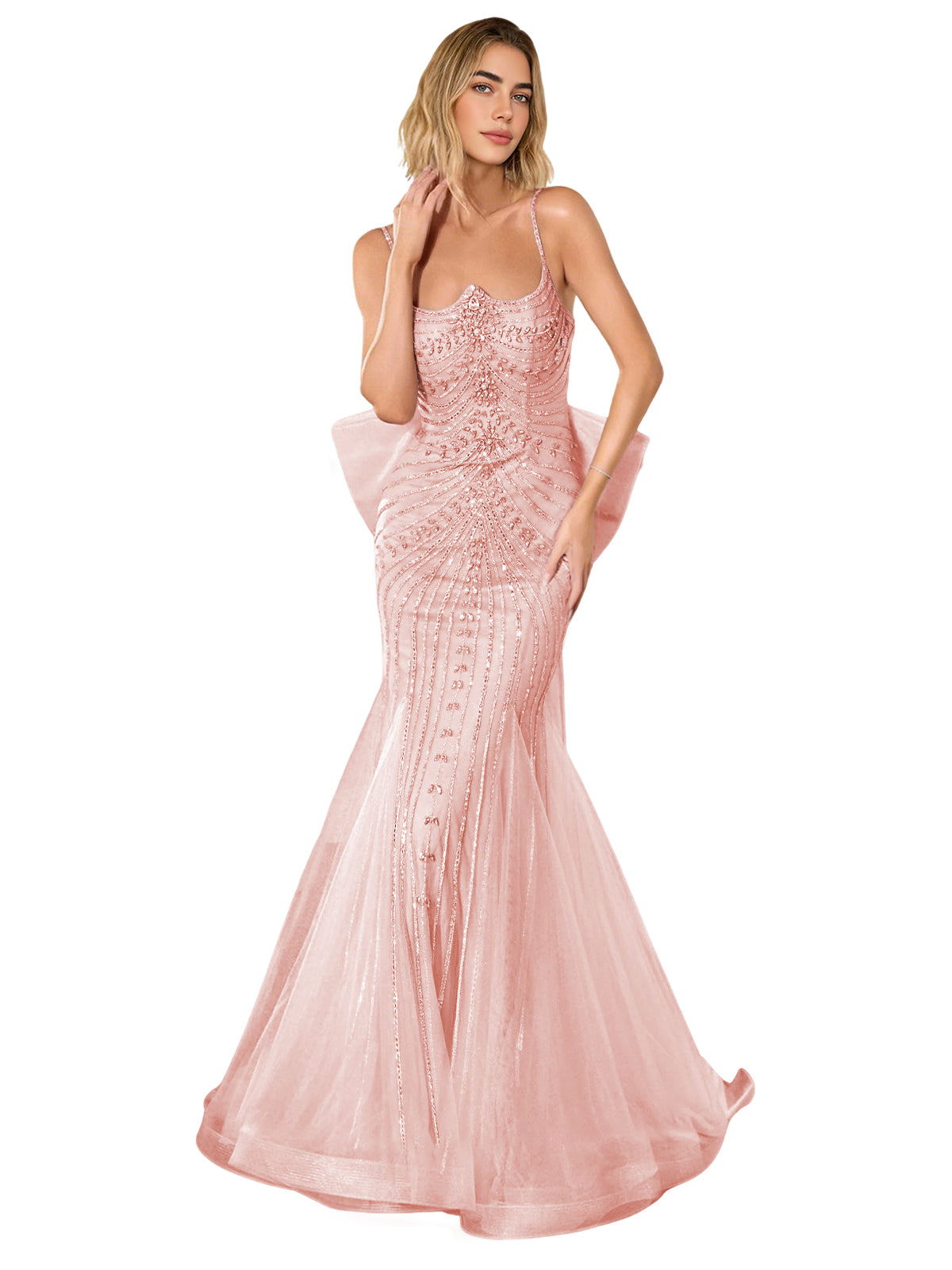 Blush pink strapless lace trumpet prom dress with corset-style bodice and sweep train