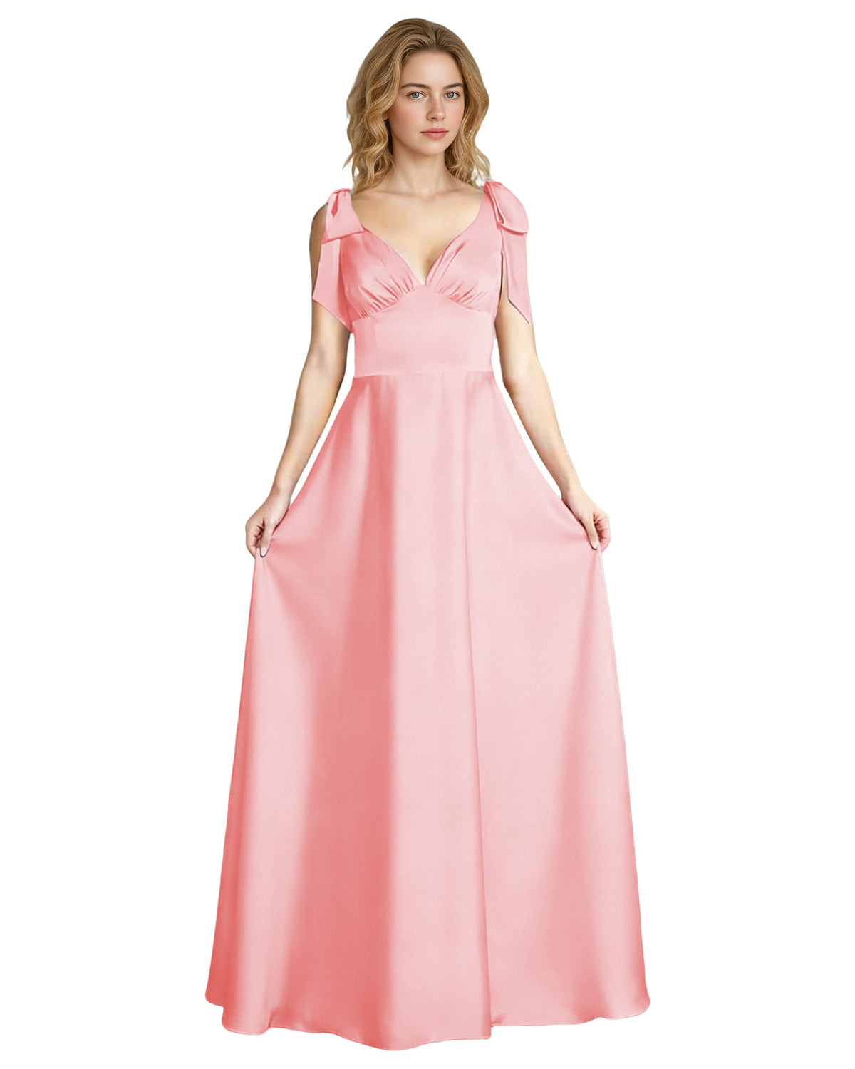Blush pink satin V-neck bow strap bridesmaid dress with empire waist and full skirt