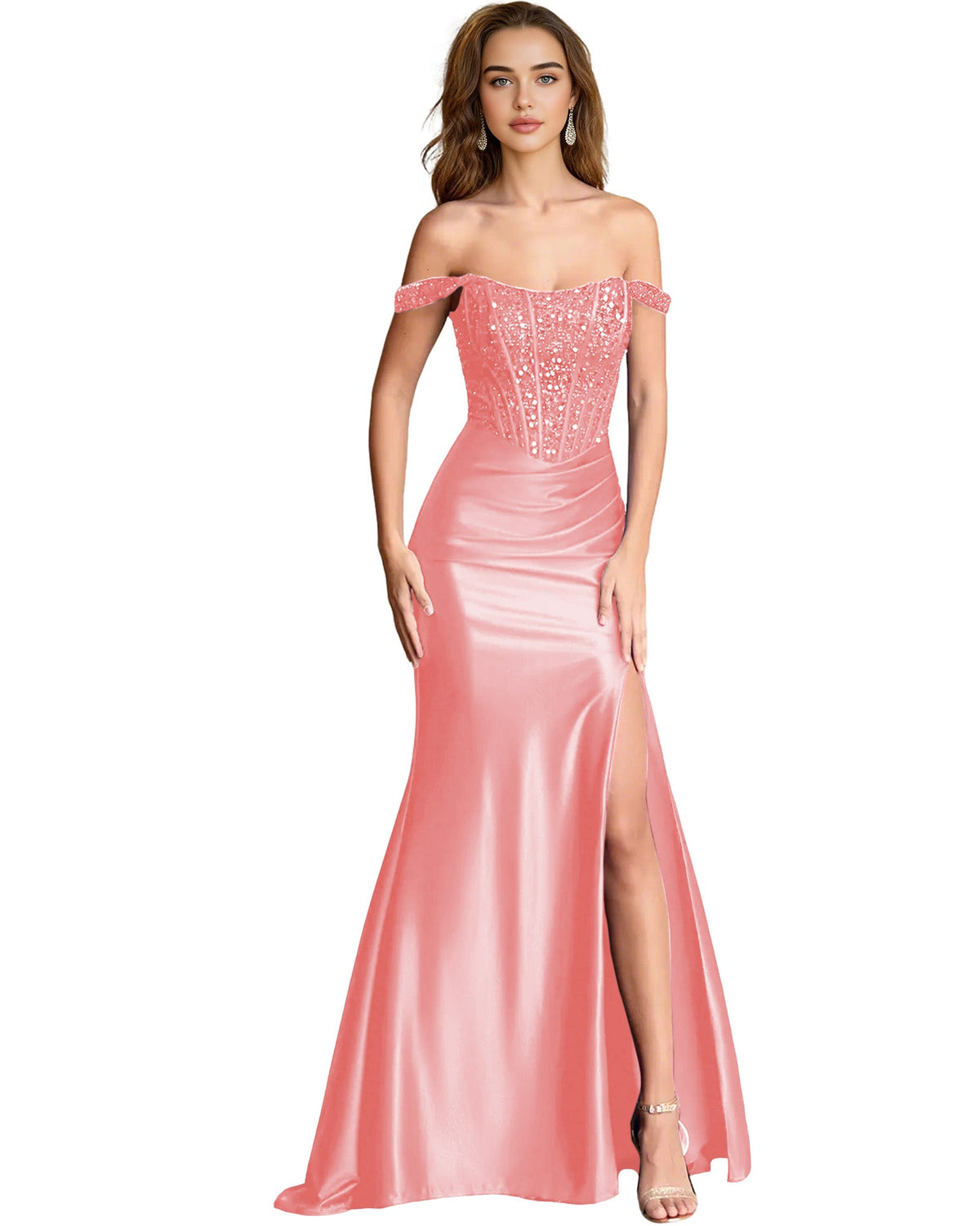 Blush pink off-shoulder sequin satin mermaid dress with fitted corset and side slit