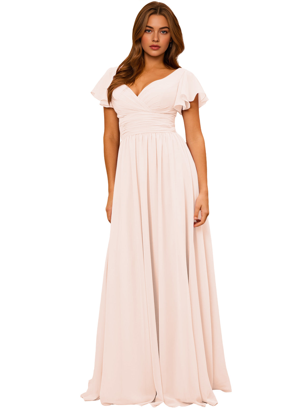 Light pink chiffon V-neck maxi dress with flutter sleeves and empire waist