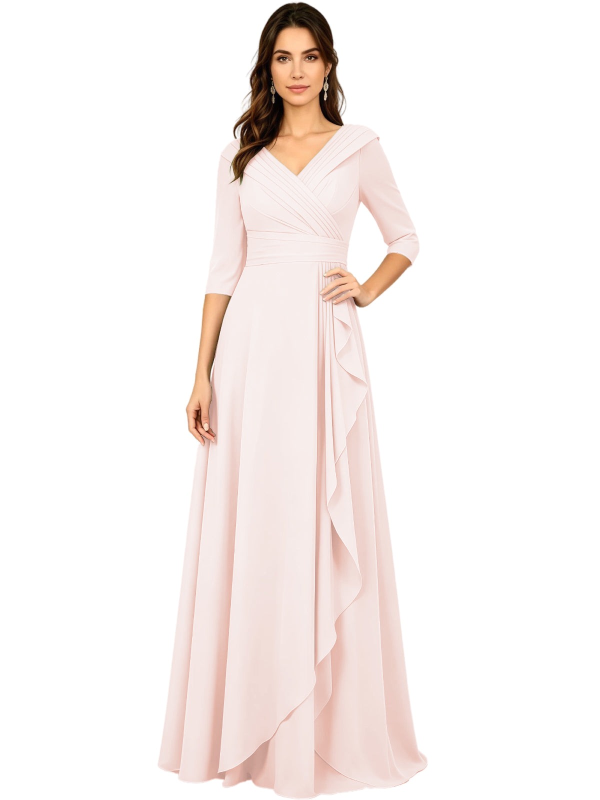 Light pink chiffon A-line gown with V-neck, half sleeves, and side ruffle drape detail.