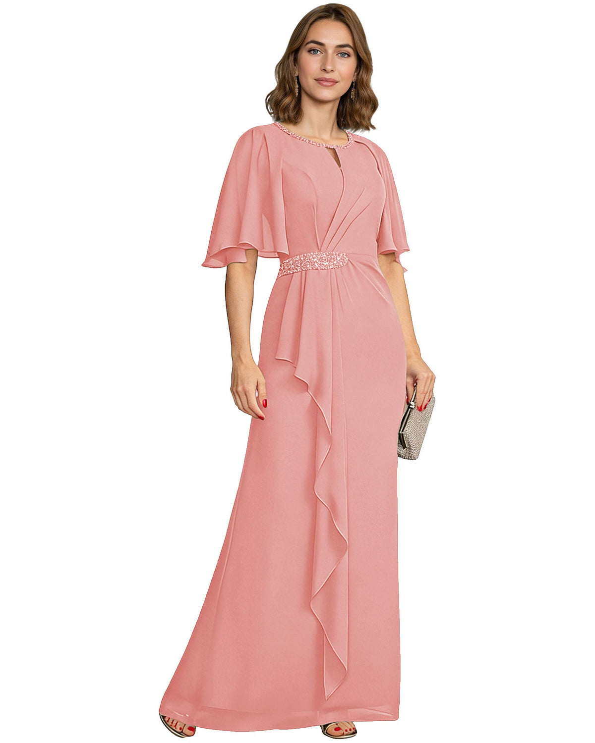 Chiffon A-line mother-of-the-bride dress with flutter sleeves, beaded waist, blush pink drape