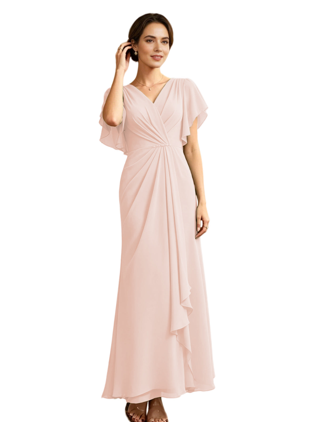Blush pink chiffon A-line mother-of-the-bride dress, V-neck, flutter sleeves, draped side ruffle