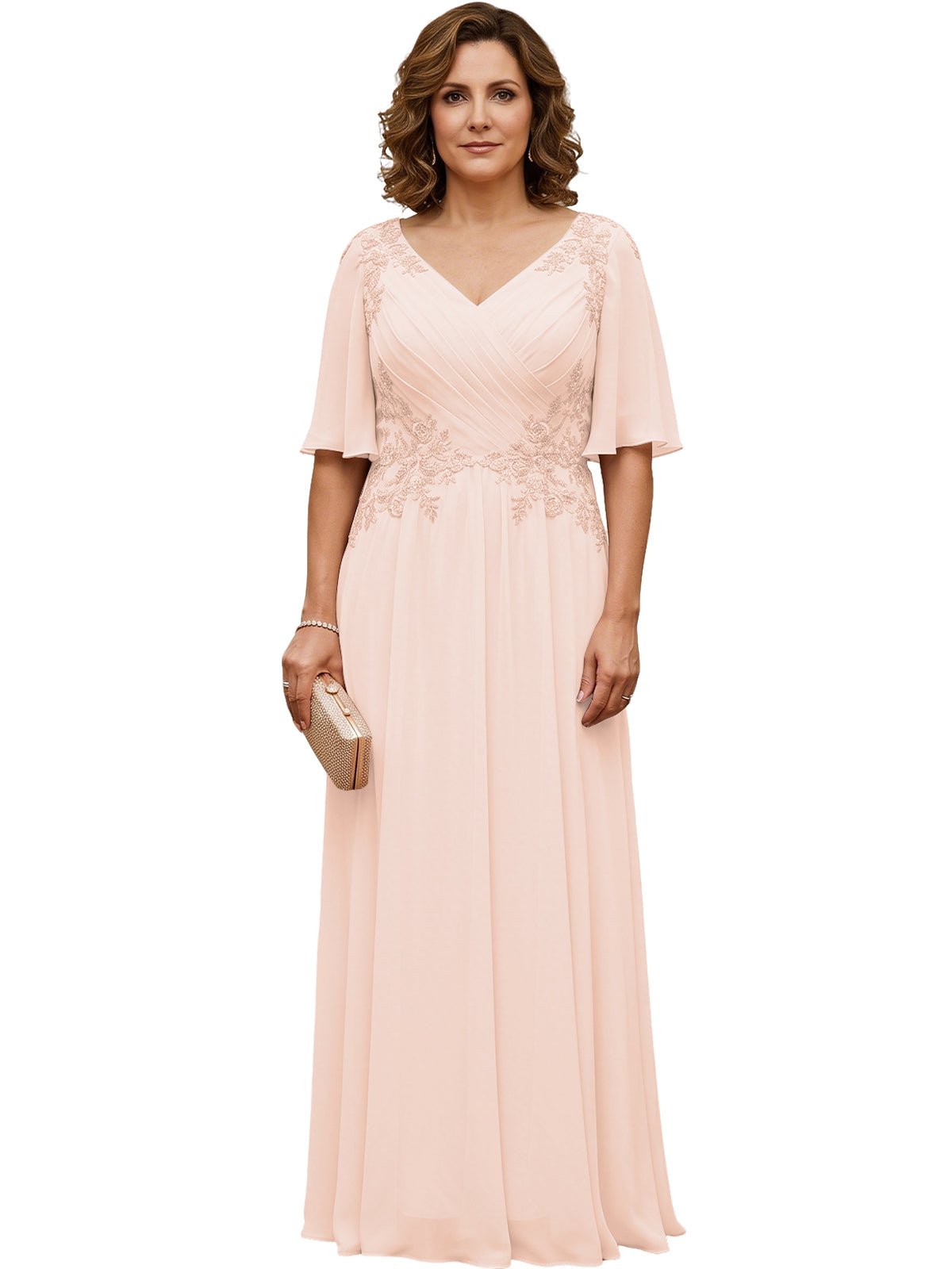Long chiffon A-line gown in pale blush with V-neck, flutter sleeves, beaded lace bodice.
