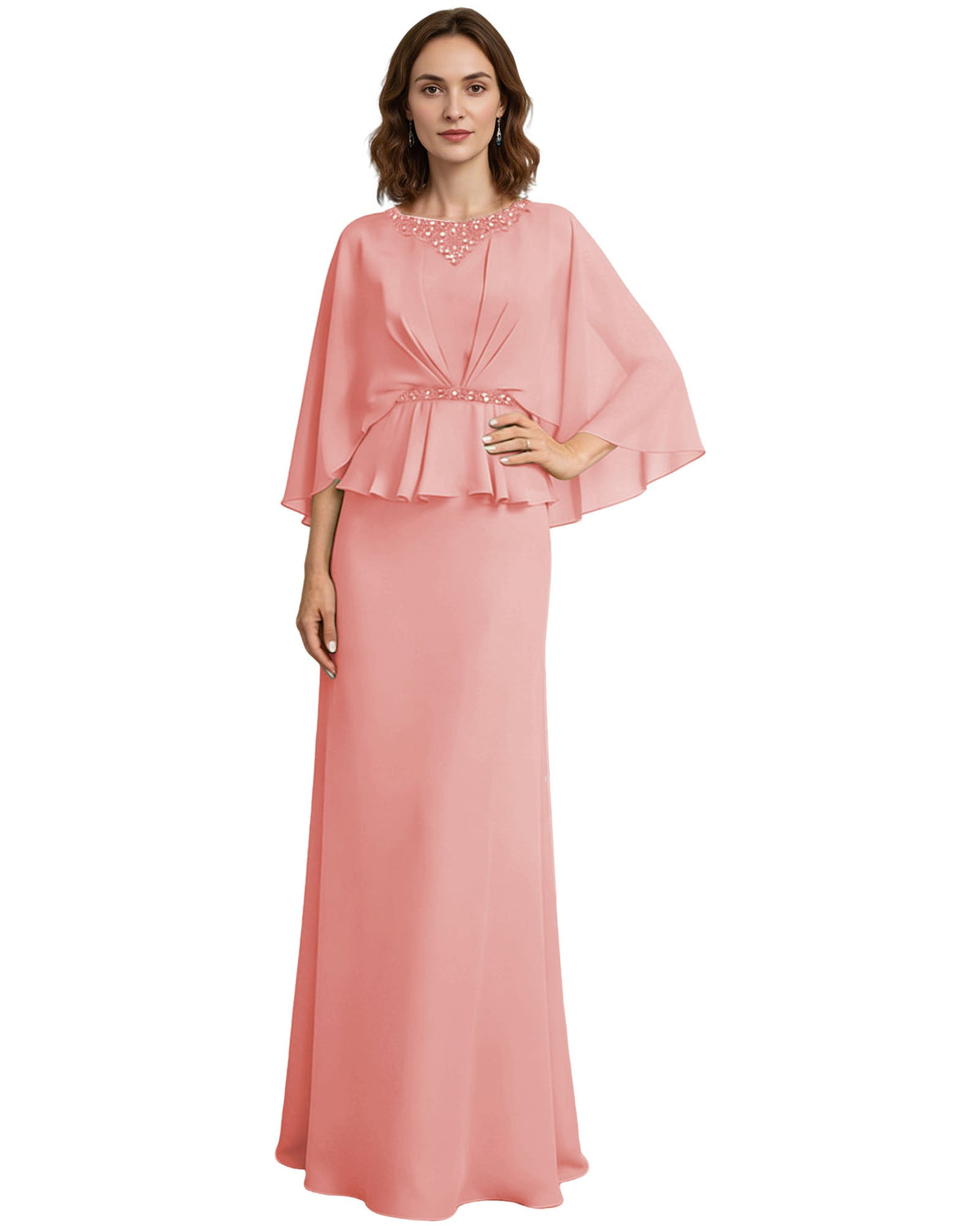 Blush pink mother-of-the-bride formal dress with beaded neckline, capelet sleeves, peplum.