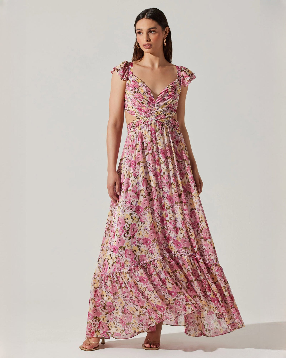 Floral chiffon A-line maxi dress with V-neck and ruffled sleeves, pink and purple print