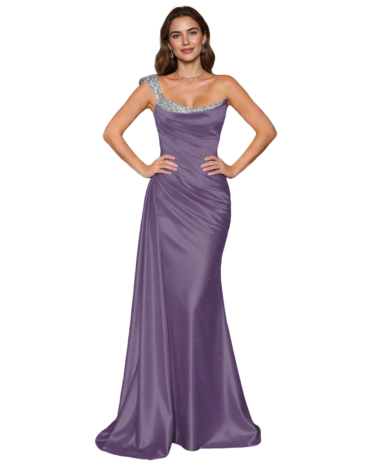 Dusty purple satin mermaid prom dress with jeweled spaghetti straps and draped cowl neckline