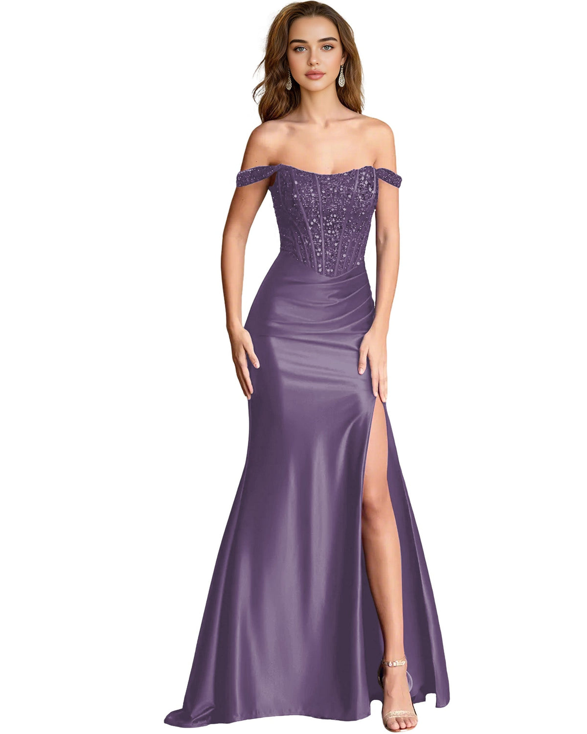 Dusty purple off-shoulder sequin satin mermaid dress with fitted corset and side slit