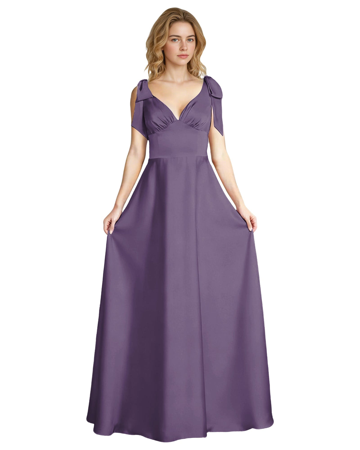 Purple satin V-neck bow strap bridesmaid dress with empire waist and flowing long skirt
