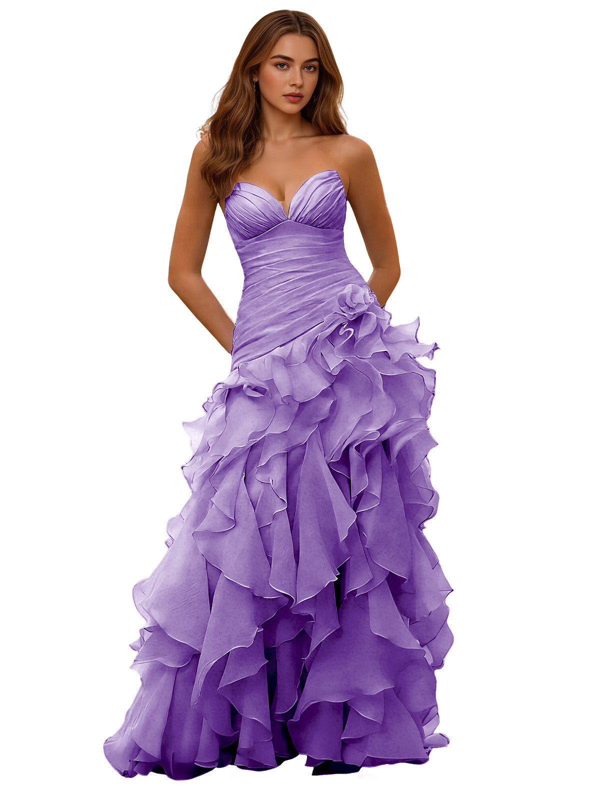 Lilac strapless sweetheart ball gown with draped corset bodice and layered ruffle skirt