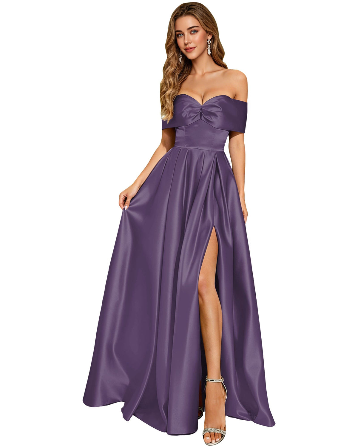 Dusty purple strapless satin prom dress with bow neckline, pleated bodice, and slit