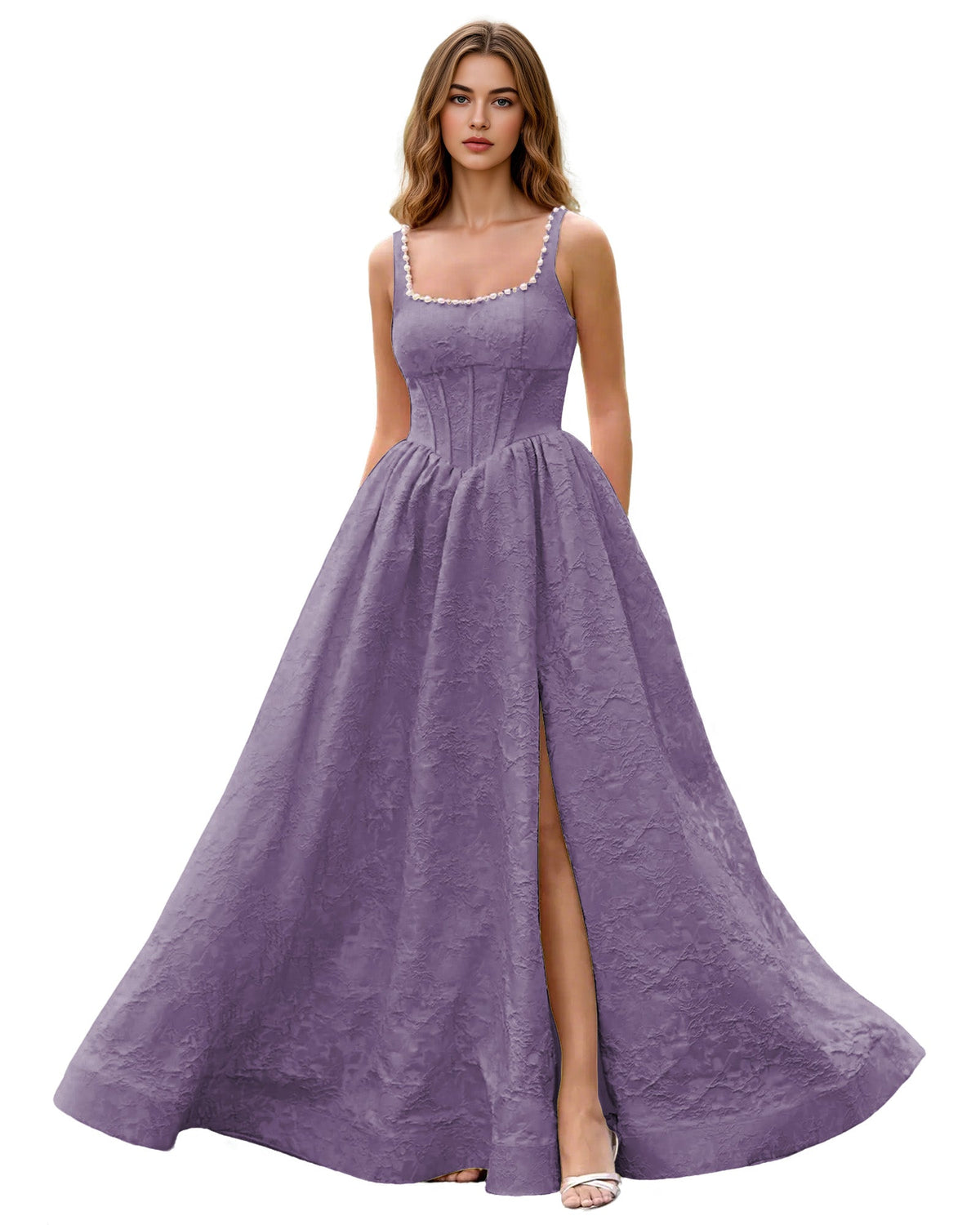 Square-neck jacquard ball gown prom dress in dusty purple, wide straps, side slit