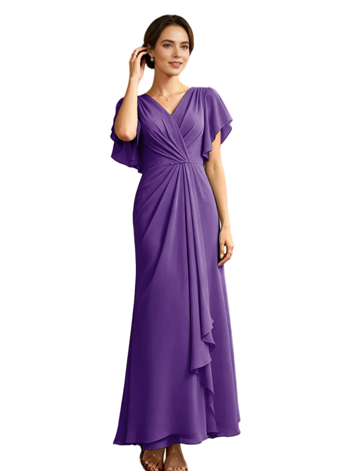 Purple chiffon A-line mother-of-the-bride dress, V-neck, flutter sleeves, draped side ruffle