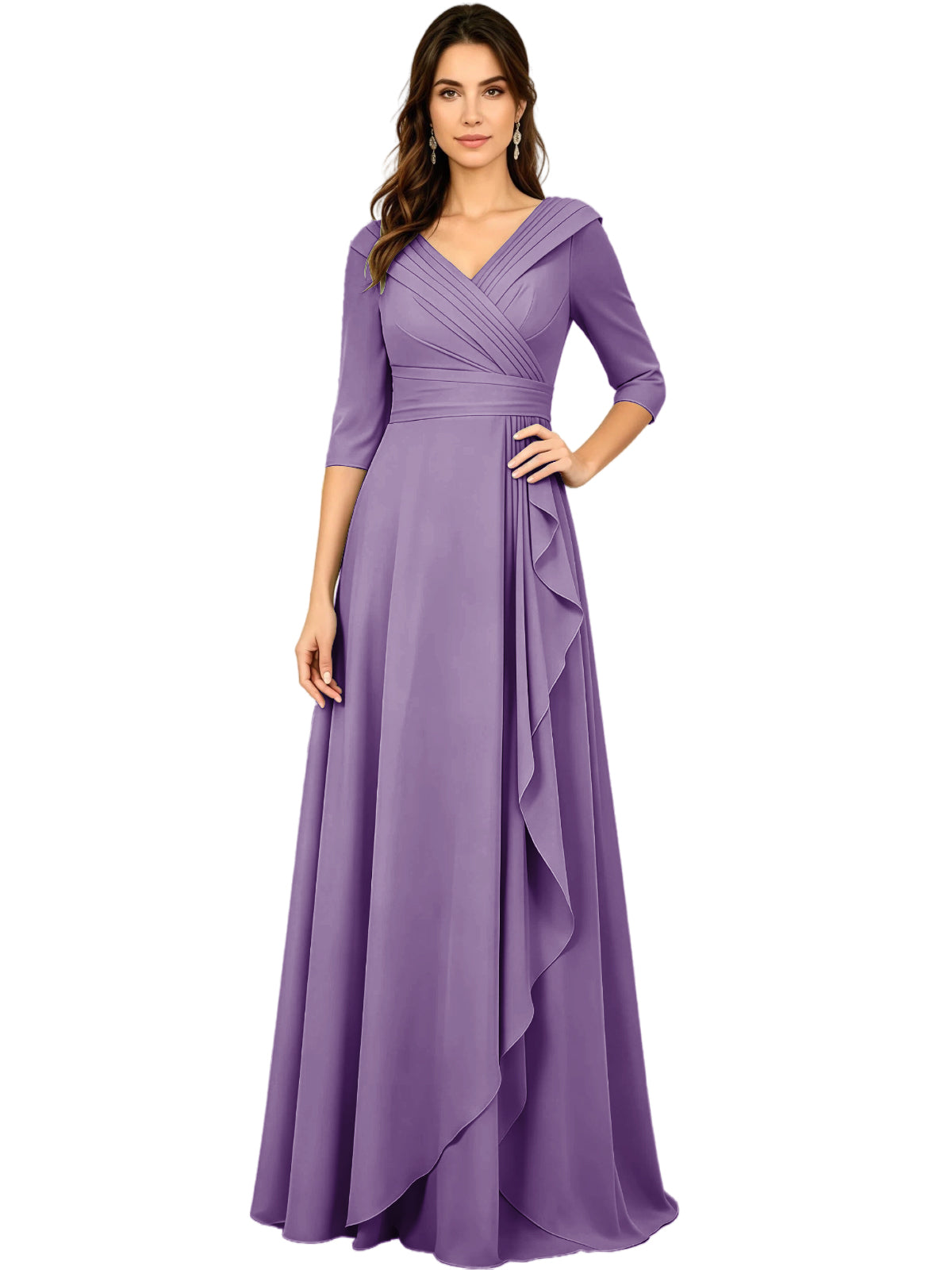 Lavender chiffon A-line gown with V-neck, half sleeves, and side ruffle drape detail.