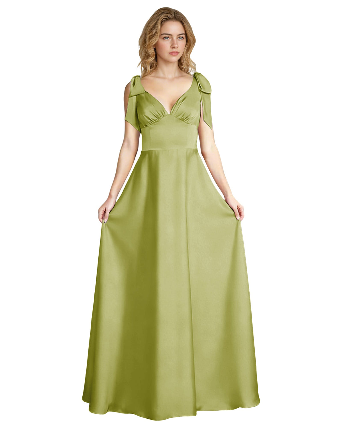 Sage green satin V-neck bridesmaid dress with bow straps and empire waist, sleeveless