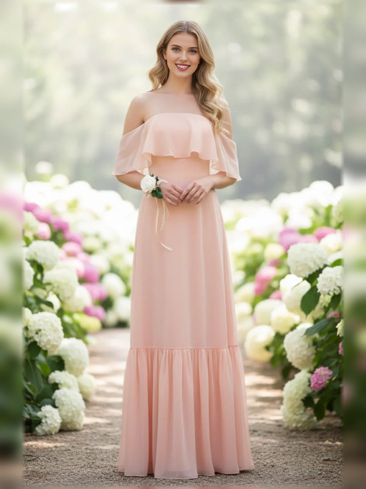 Apricot off-shoulder chiffon A-line bridesmaid dress with ruffled neckline and tiered hem