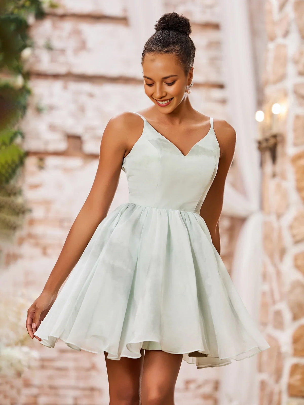 Mint green V-neck A-line mini dress, sleeveless with gathered pleated skirt