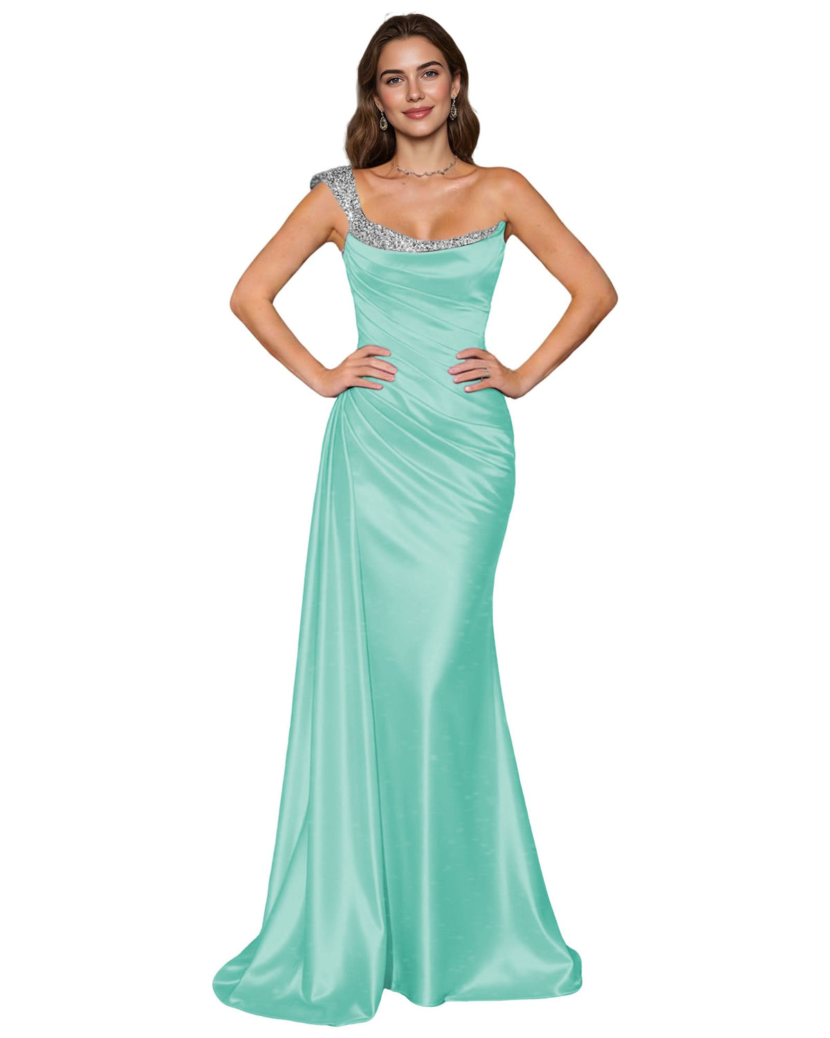 Mint blue satin mermaid prom dress with jeweled spaghetti straps and draped cowl neckline