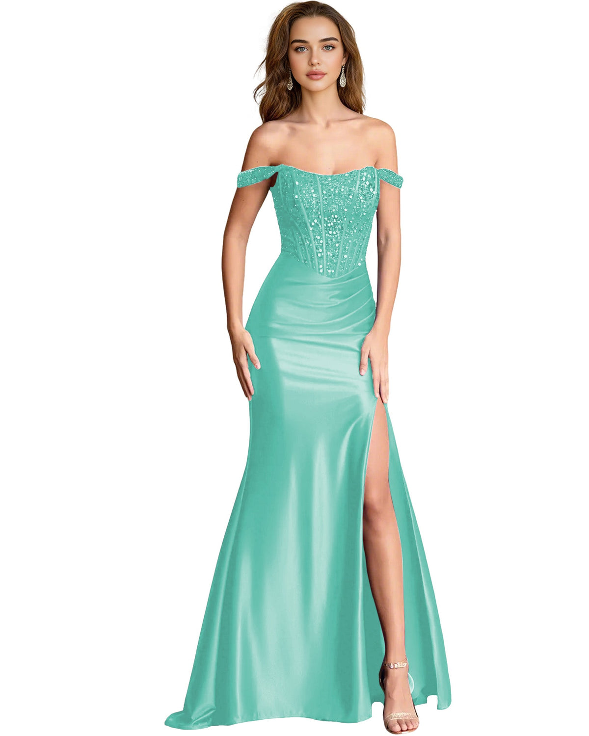 Mint green off-shoulder sequin satin mermaid dress with fitted corset and side slit
