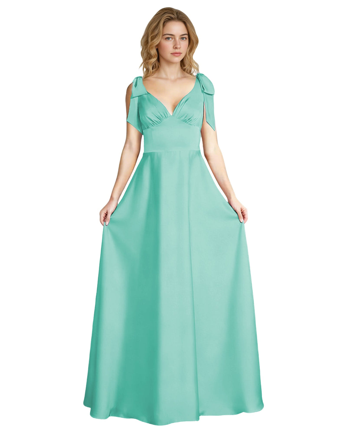 Teal satin V-neck bridesmaid dress with bow straps and empire waist, sleeveless