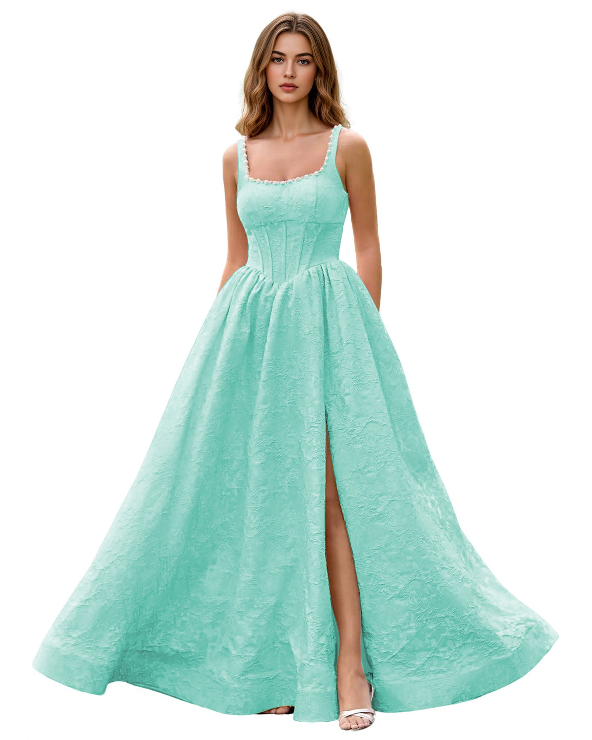 Square-neck jacquard ball gown prom dress in mint blue, wide straps, side slit