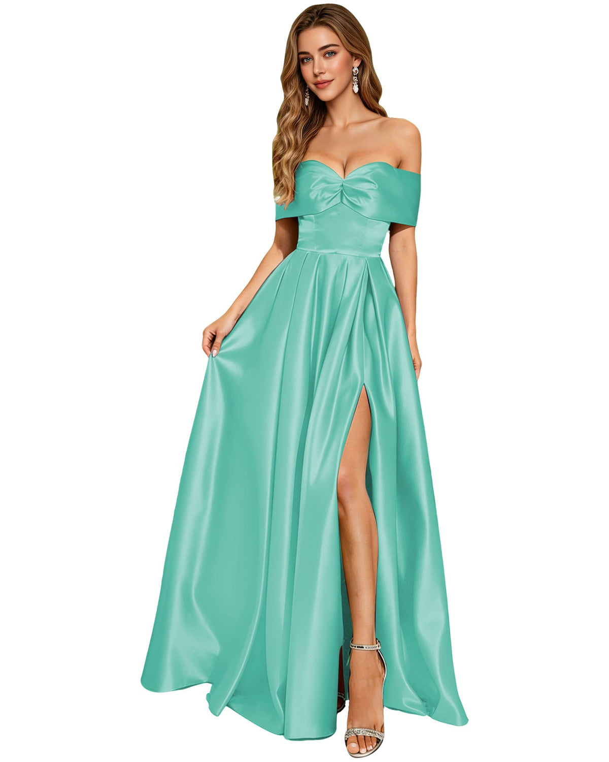 Teal strapless satin prom dress with bow at bust, pleated bodice, and side slit