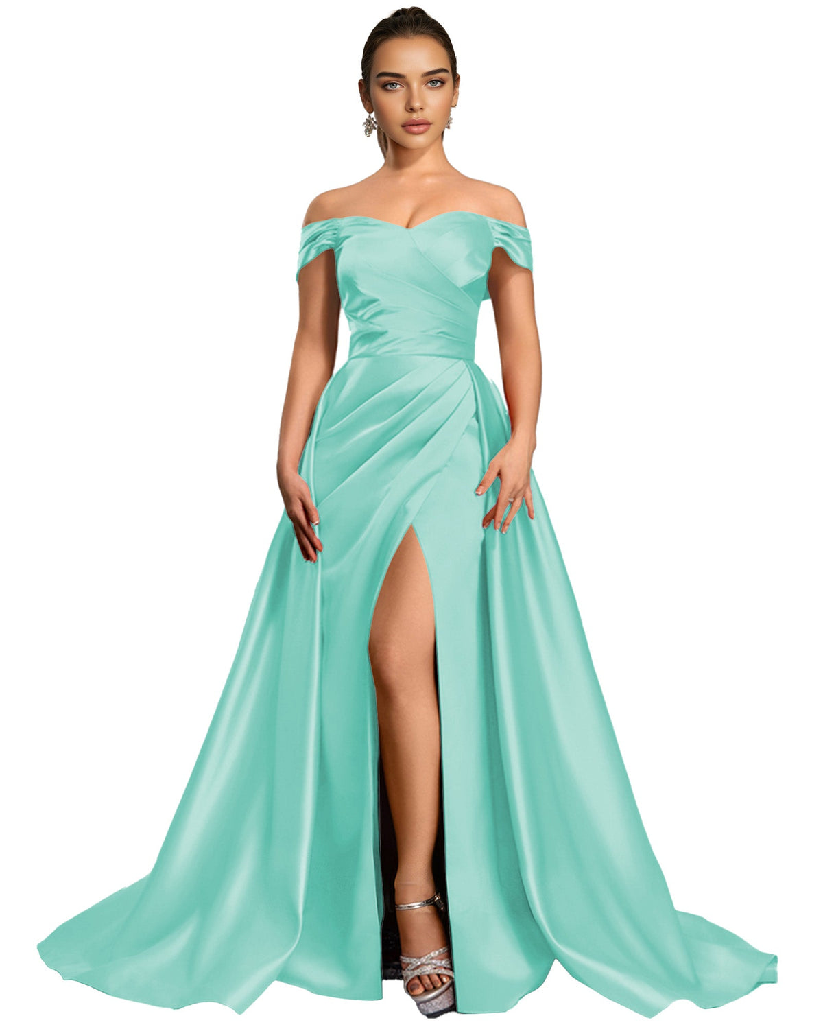 Mint green off-shoulder satin ball gown with draped bodice and high slit skirt.