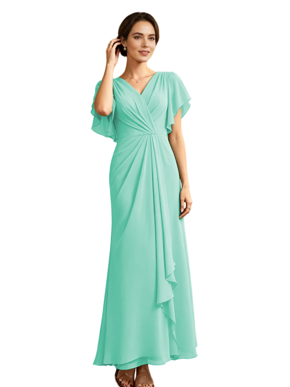 Aqua chiffon A-line mother-of-the-bride dress, V-neck, flutter sleeves, draped side ruffle