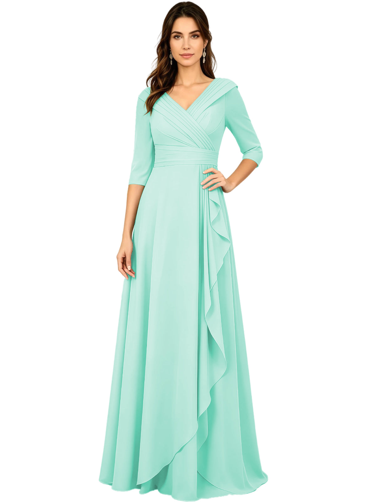 Light teal chiffon A-line gown with V-neck, half sleeves, and side ruffle drape detail.