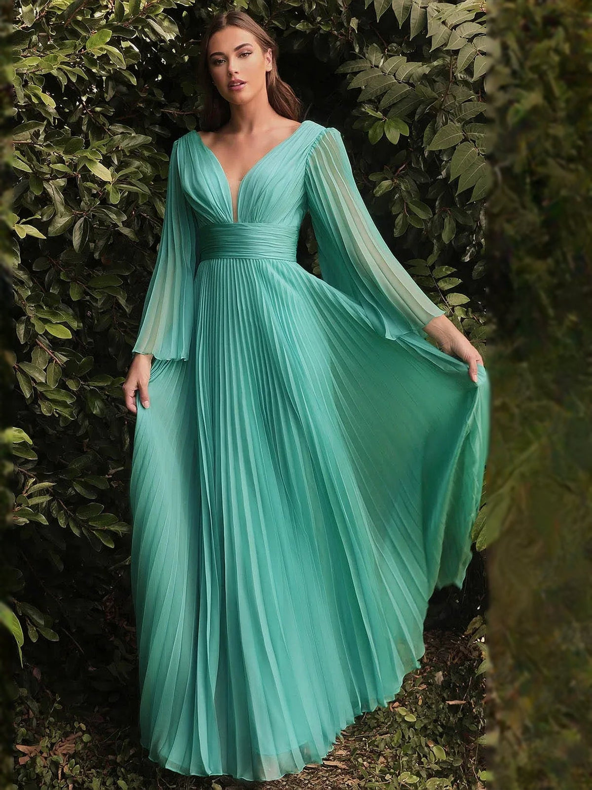 Teal V-neck chiffon formal dress with pleated A-line skirt and long flutter sleeves