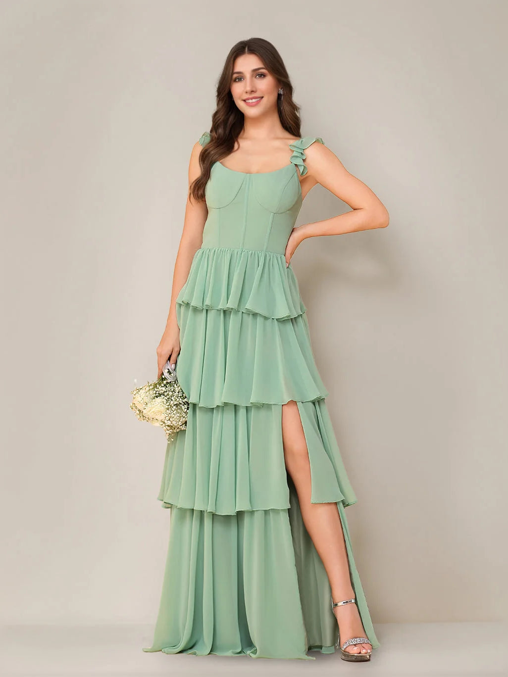 Mint green tiered ruffled sweetheart maxi dress with sleeveless bodice and side slit