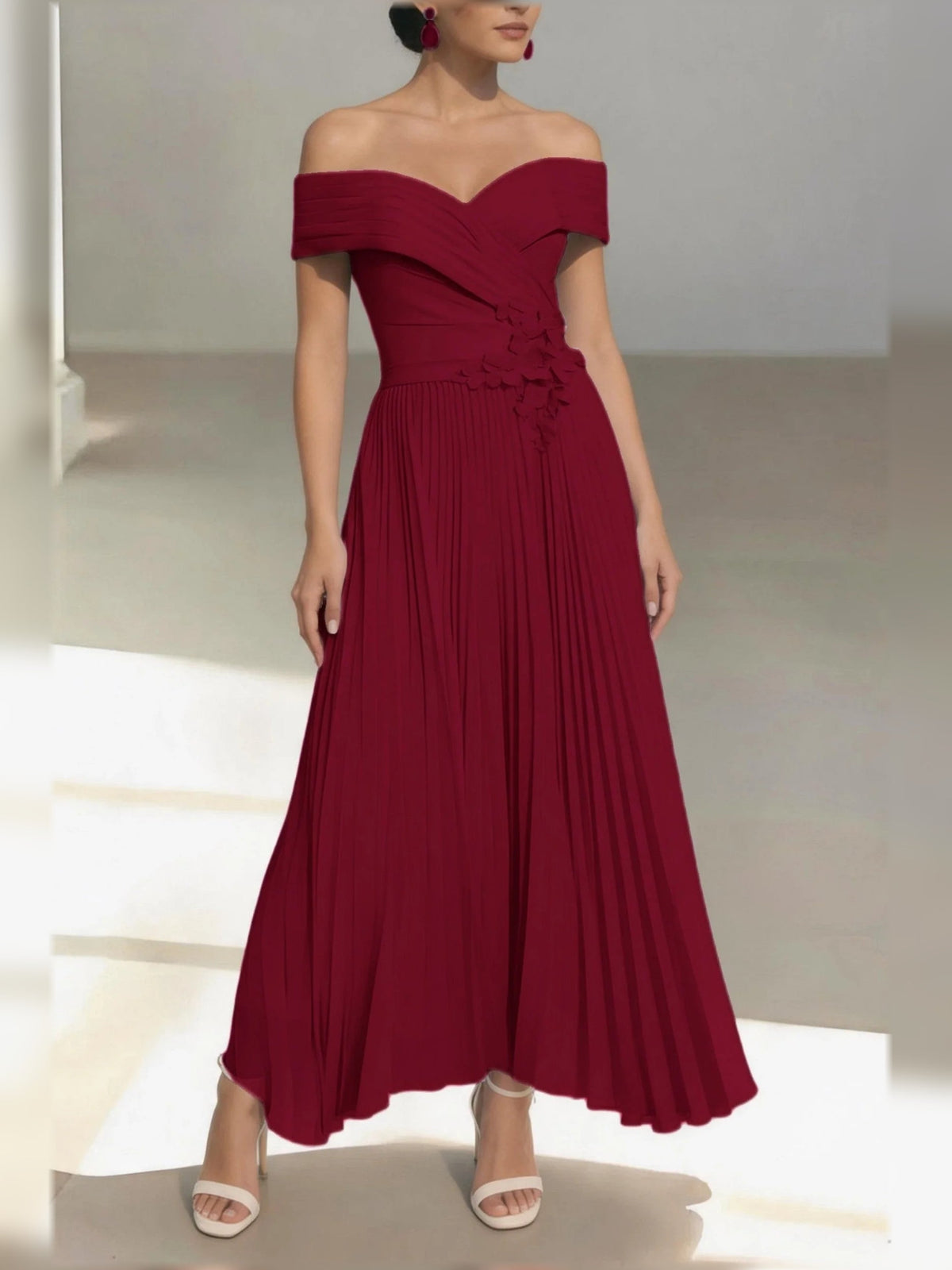 Wine one-shoulder satin midi dress with ruched bodice and flowing pleated skirt