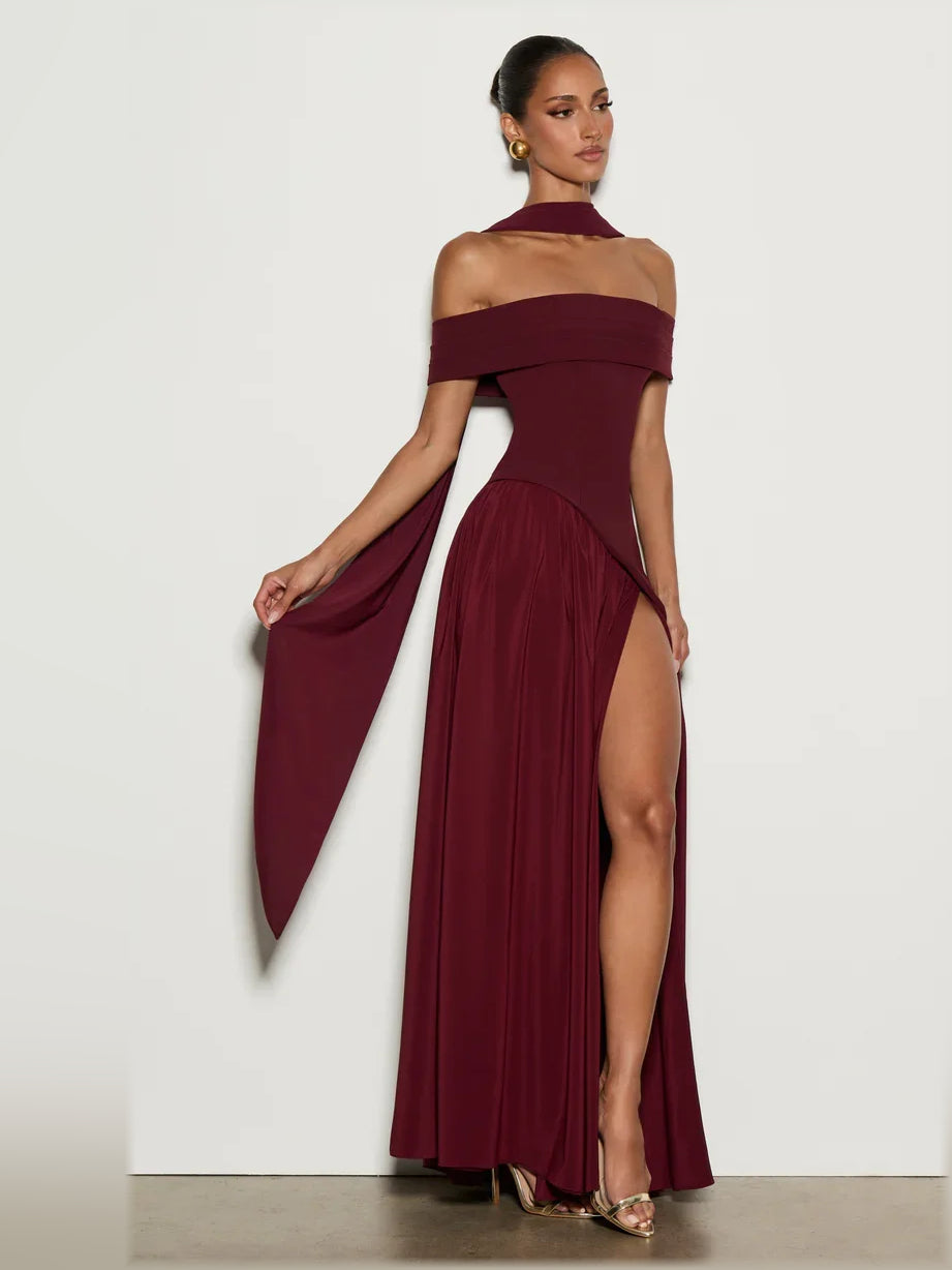 Wine off-shoulder pleated floor-length gown with long side drape and front slit
