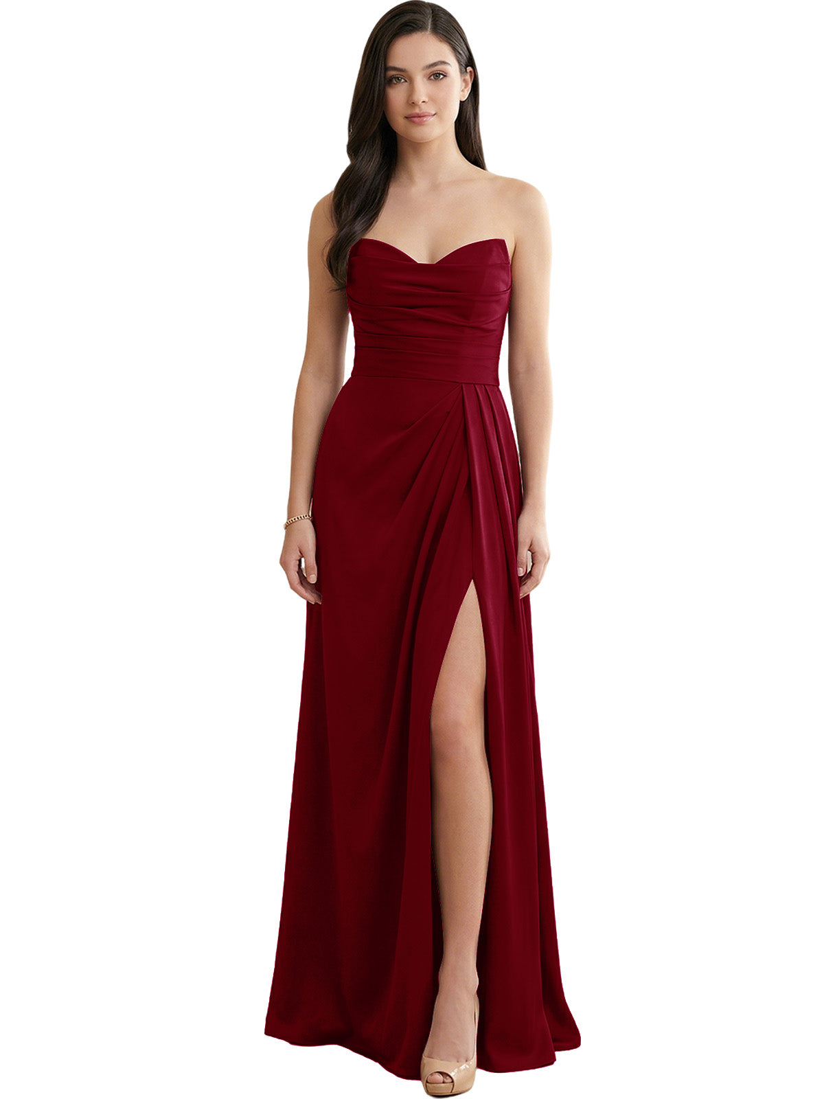 Burgundy red strapless pleated satin bridesmaid dress with side slit