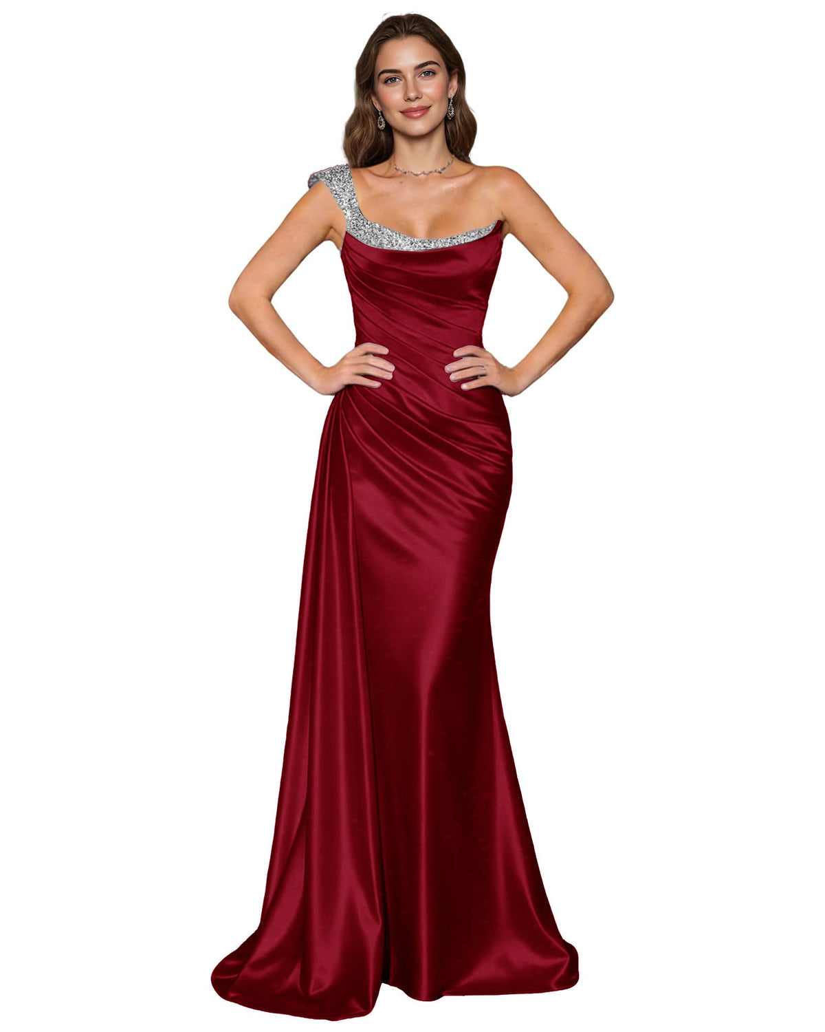 Wine red satin mermaid prom dress with jeweled spaghetti straps and draped cowl neckline