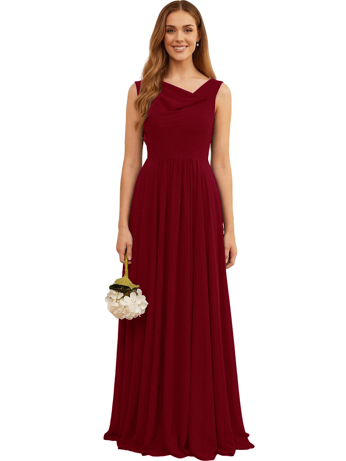 Burgundy sleeveless chiffon bridesmaid dress with V-neck and pleated skirt