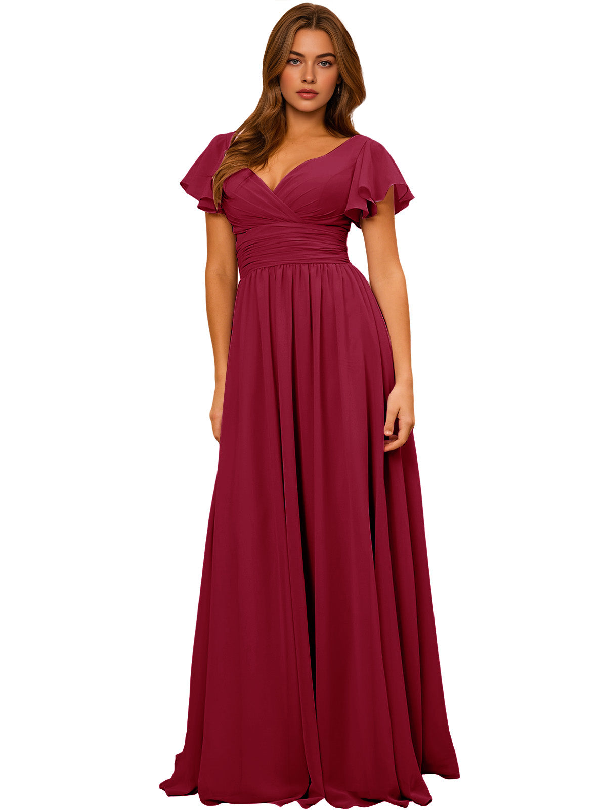 Burgundy chiffon V-neck maxi dress with flutter sleeves and empire waist
